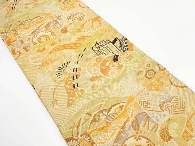 アンティーク　扇に貝桶・御所車模様織り出し丸帯（材料）